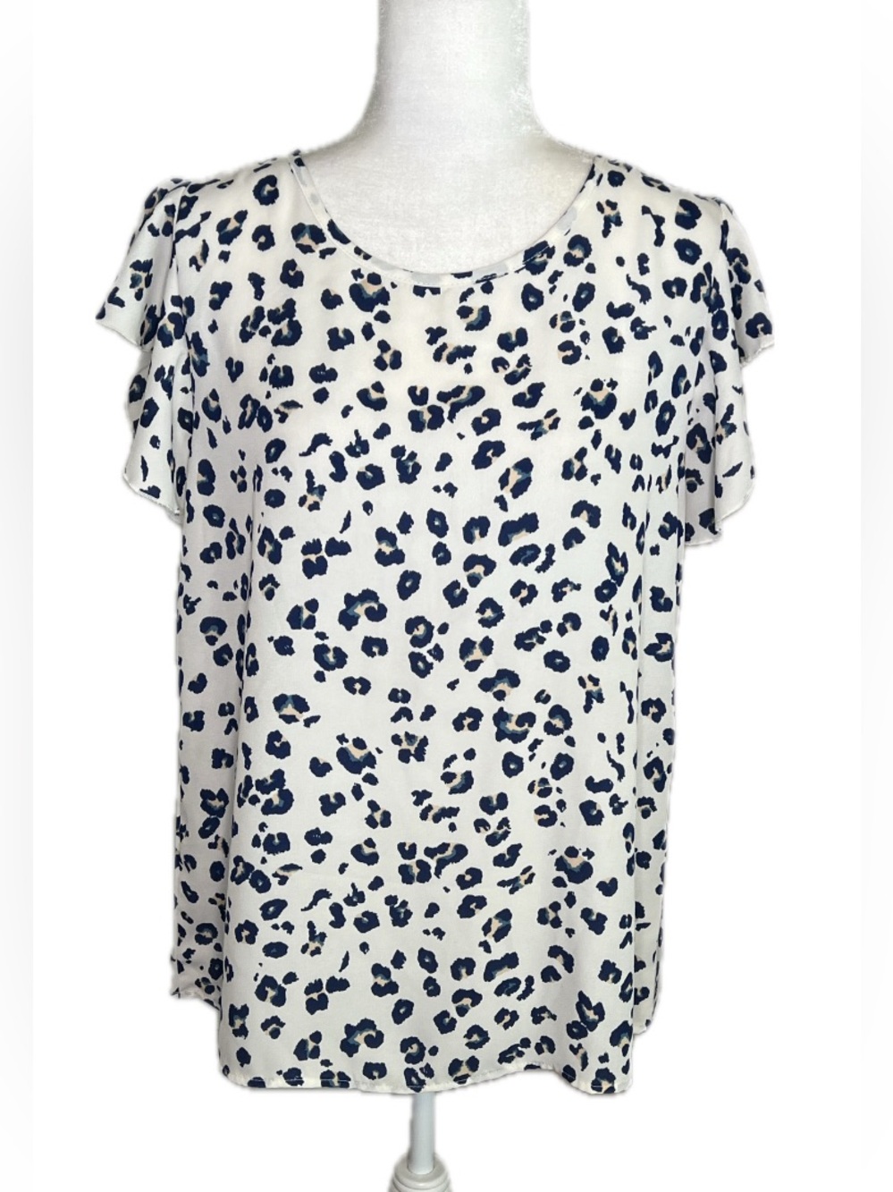 Perfect Peach White Navy Leopard Print Flutter Sleeve Top M Medium - Picture 2 of 8